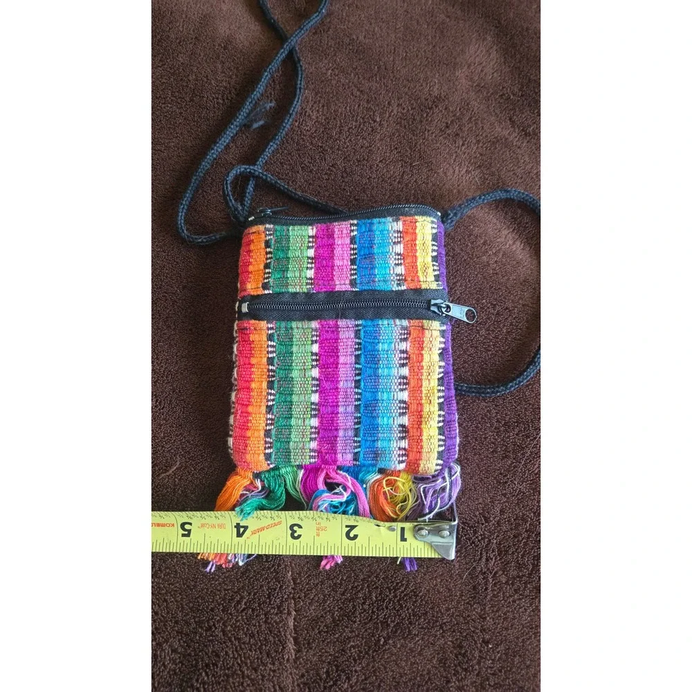 Boho Rainbow Handwoven Crossbody Passport Bag Small Fringed Pouch